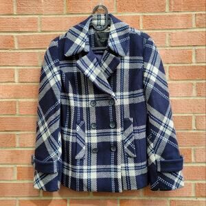 Talbots Navy Blue Plaid Wool Blend Double Breasted Jacket Peacoat 4P